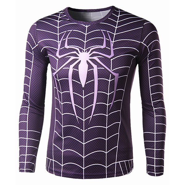 Trendy Round Neck 3D Spider-Man Print Slimming Long Sleeve Polyester Quick-Dry T-Shirt For Men