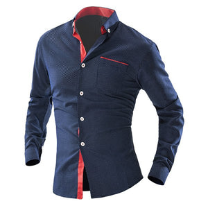 Color Block Top Fly One Pocket Polka Dot Print Shirt Collar Long Sleeves Slimming Men's Button-Down Shirt