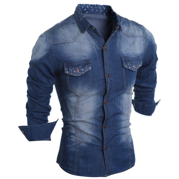 Turn-Down Collar Star Pattern Lining Long Sleeve Printed Button Men's Chambray Shirt