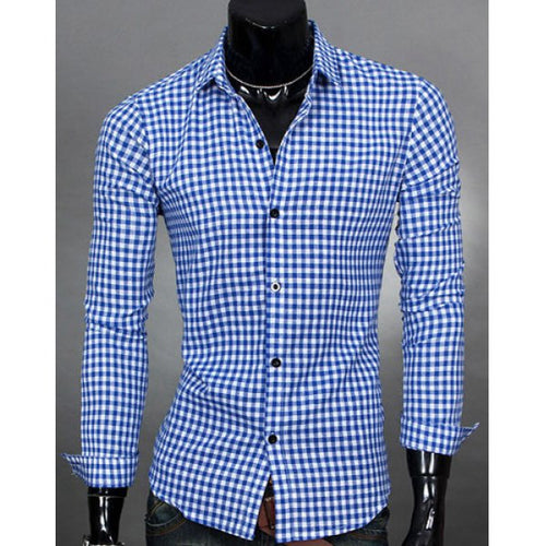 Simple Shirt Collar Color Block Plaid Print Long Sleeves Men's Slimming Shirt