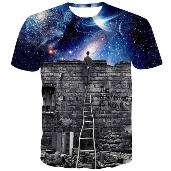 Hot Sale 3D Looking at The Stars Scenery Print Slimming Round Neck Short Sleeves Men's T-Shirt