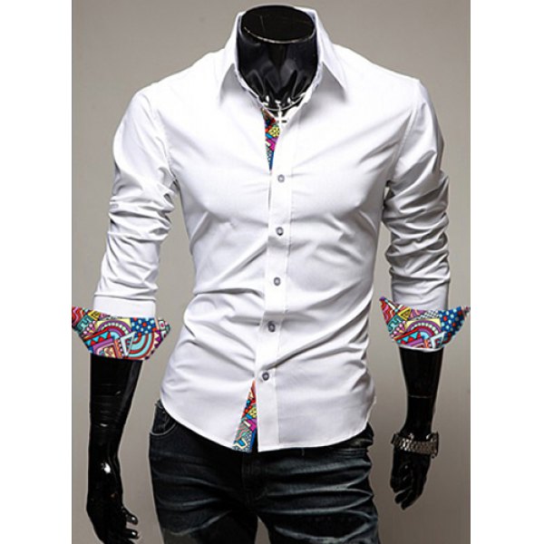 Turn-Down Collar Colorful Print Splicing Long Sleeve Men's Shirt