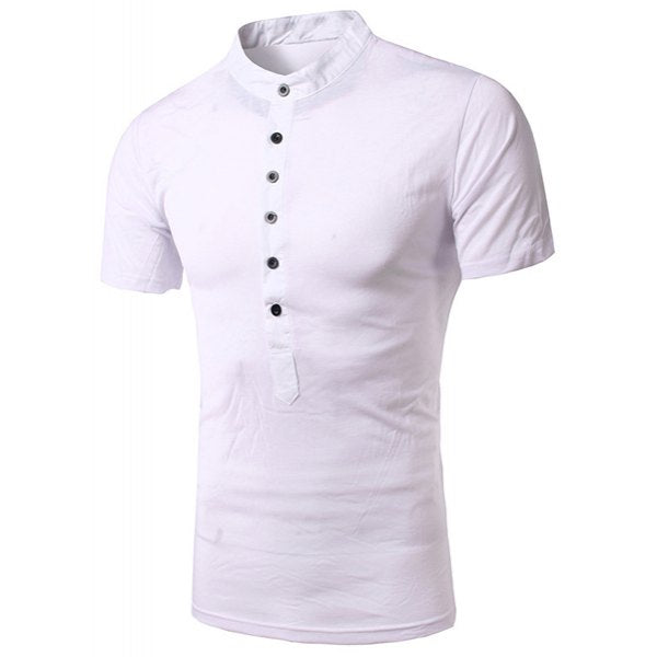 Stand Collar Single Breasted Design Short Sleeve Men's T-Shirt