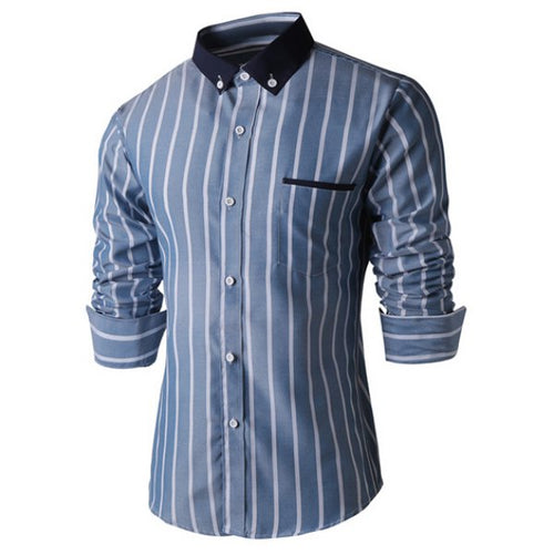 Turn-Down Collar Slimming Long Sleeve Vertical Stripe Button-Down Shirt For Men