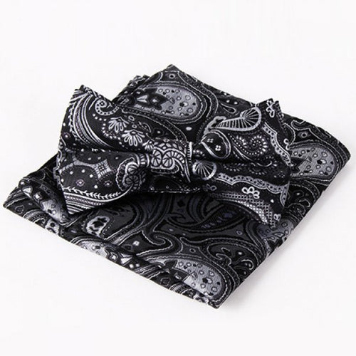 Stylish Ethnic Paisley Jacquard Black Bow Tie and Handkerchief For Men