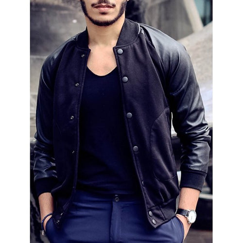 Stylish Stand Collar Slimming Large Pocket Color Splicing Long Sleeve Polyester Jacket For Men