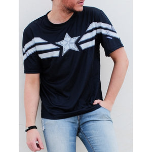 Fashion Round Neck Slimming Color Block Captain America Design Short Sleeve Polyester T-Shirt For Men