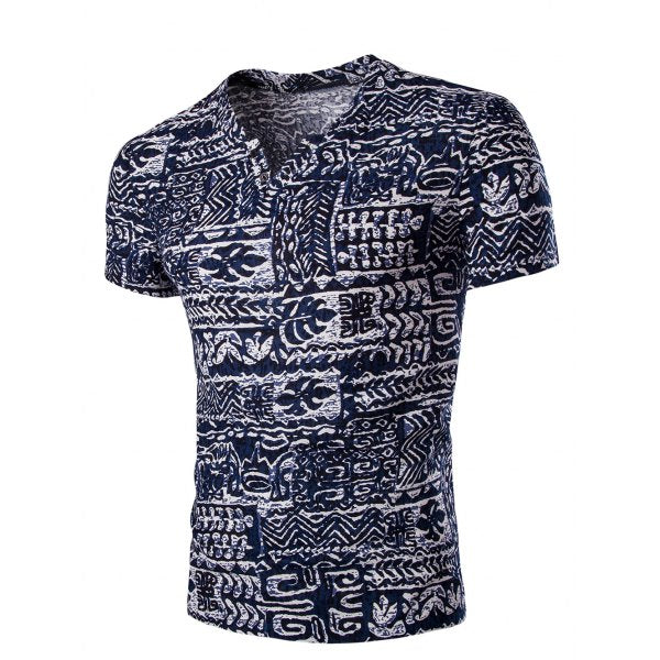 Casual V Neck Abstract Printing Short Sleeves T-Shirt For Men