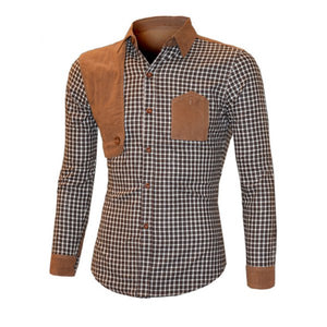 Suede Splicing Plaid Turn-Down Collar Long Sleeve Shirt For Men