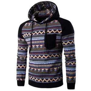 Color Block Tribal Printed Pocket Hooded Raglan Sleeve Hoodie