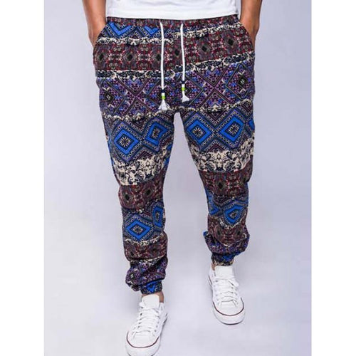 Ethnic Style Geometric Print Linen Drawstring Jogger Pants