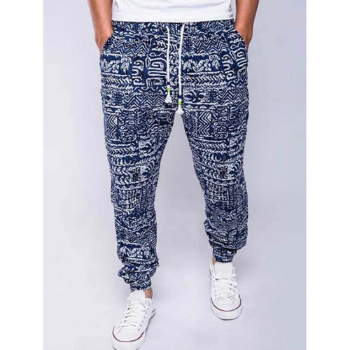 Cotton and Linen Geometric Print Drawstring Beam Feet Jogger Pants