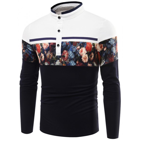 Stand Collar Floral Printed Long Sleeve T-Shirt