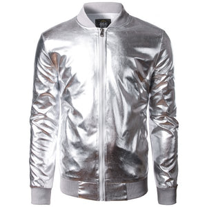 Stand Collar Zip Up Metallic Lame Jacket