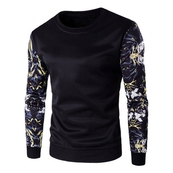 Rib Cuff Floral Sleeve Crew Neck Sweatshirt