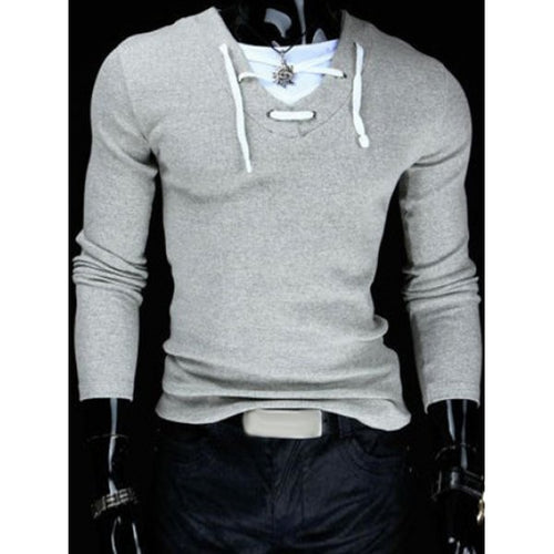 Trendy Slimming V-Neck Drawstring Faux Twinset Long Sleeve Polyester T-Shirt For Men