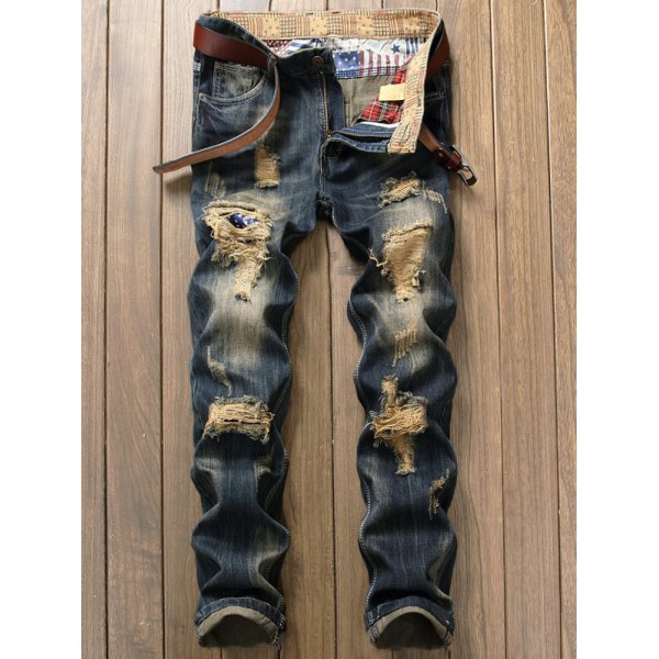 Destroyed Patch Design Frayed Hem Jeans