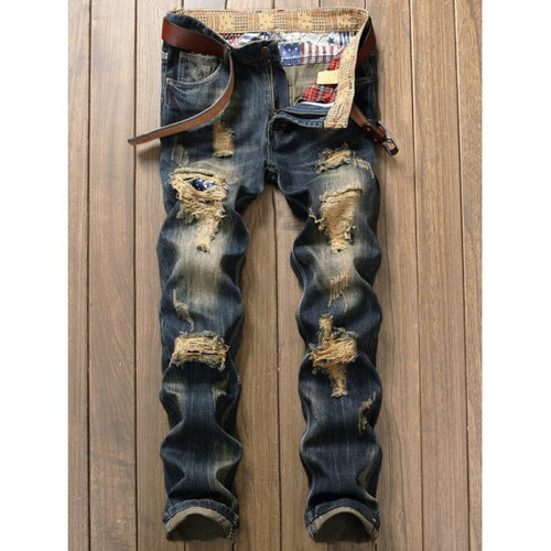 Destroyed Patch Design Frayed Hem Jeans for men