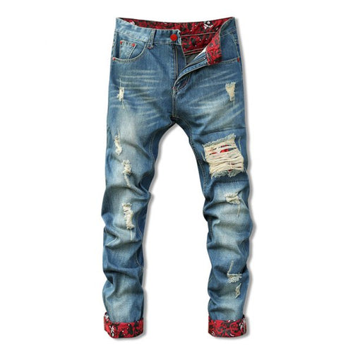 Zipper Fly Holes Cat's Whisker Design Crimping Straight Leg Jeans For Men