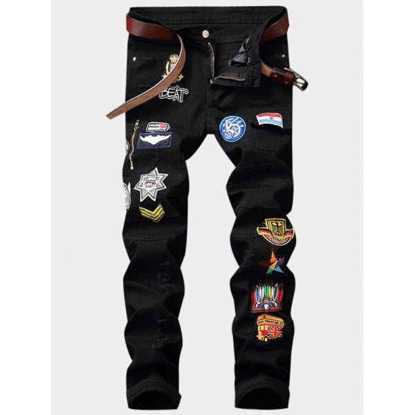 Zipper Fly Cartoon Embroidered Patch Pocket Ripped Jeans for men