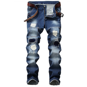 Zipper Fly Patch Design Straight Leg Ripped Jeans for men