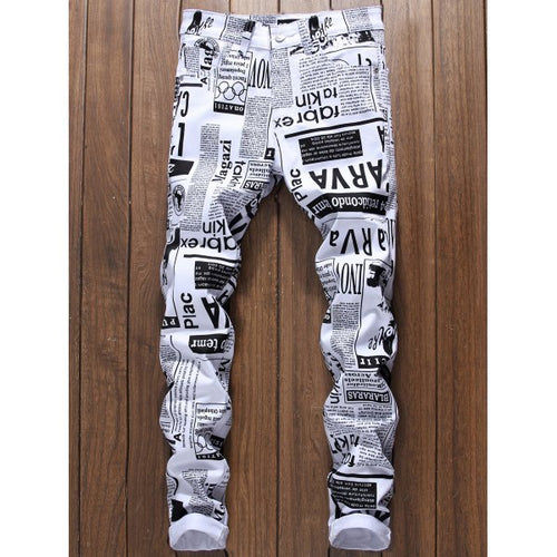 Zipper Fly Newspapers Print Skinny Jeans for men