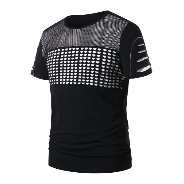 Ripped Mesh Embellished Short Sleeve T-shirt