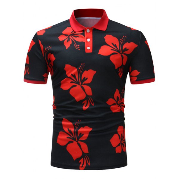 Hibiscus Print Three-button Placket Polo Shirt