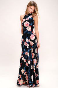 BLOOMING GARDEN BLACK FLORAL PRINT HALTER MAXI DRESS