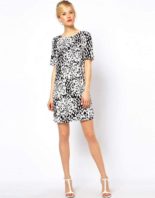 ASOS Shift Black & White Midi Dress In Animal Pattern Print