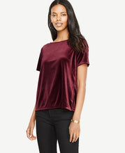 Plush velvet turns this forever favorite tee into a total covetable. Jewel neck. Short sleeves. Back vent. 24 3/4 long.