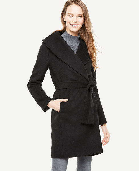 With a refined shawl collar - and in a rich doublefaced wool blend - our belted wrap coat looks as cozy as it feels. Shawl collar. Long sleeves. Self tie belt. Onseam pockets. Lined. 40 long.