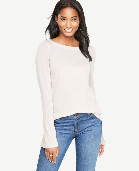 We've modernized this essential boatneck with elongated bell sleeves and a flattering tunic length. Boatneck. Long bell sleeves. Ribbed cuffs and hem.