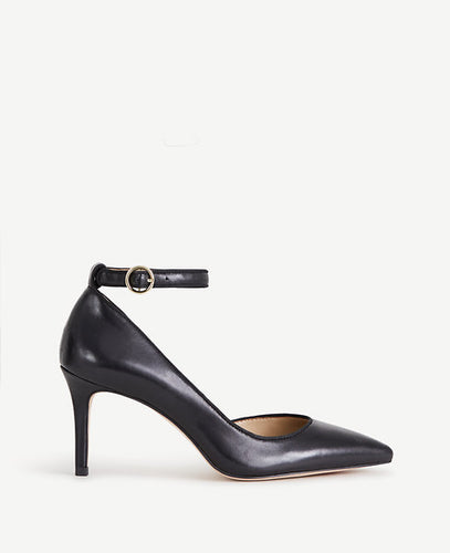 Start the season off on the right foot with our sleek leather d'orsay pumps - topped off with a slim ankle strap. Pointy toe. Adjustable buckle at side ankle for secure fit. Padded footbed for complete comfort. Covered 3 1/2 heel.